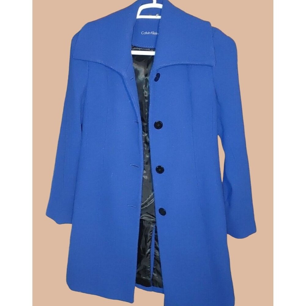 Calvin Klein Size 2 Wool Blue Coat Jacket Women Button And Tie Waist Pockets